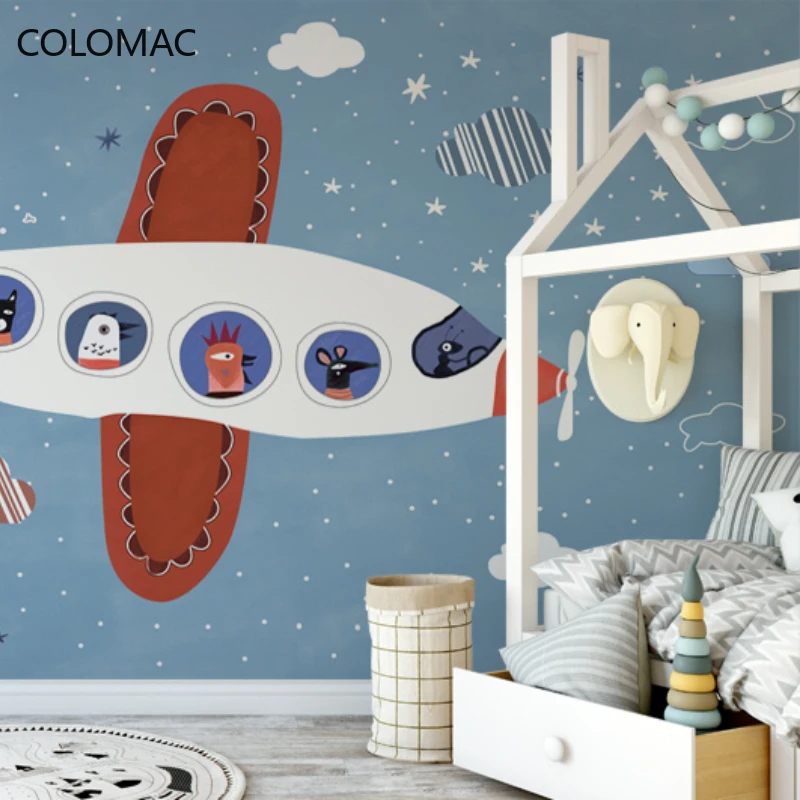 

Colomac Custom Children's Room Boy Bedroom Bedside Background Wallpaper Blue Cartoon Airplane Mural Decoration Dropshipping