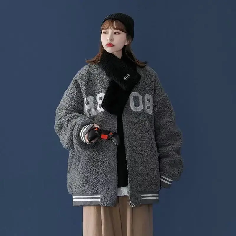 Бейсбольная форма, женская зимняя куртка, Вельветовая Толстая куртка из овечьей шерсти с вышивкой, Корейская свободная повседневная куртка...