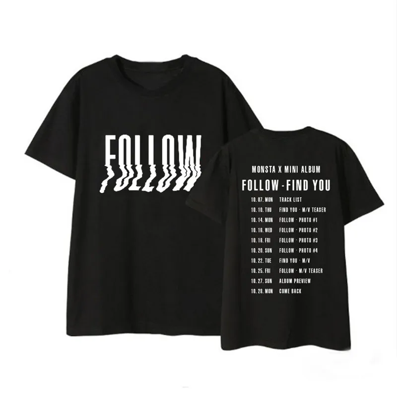 Kpop MONSTA X MINI ALBUM FOLLOW Shirts Уличная Повседневная Свободная футболка топы с короткими