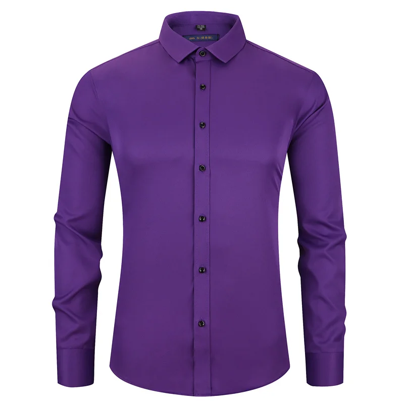2-722 Dark purple Мужская рубашка из бамбукового волокна, красное вино, эластичная, облегающая, с длинным рукавом, мужская повседневная рубашка, высокое качество, мягкая, гладкая, дышащая, 4XL - Цвет: 2-722 Dark purple