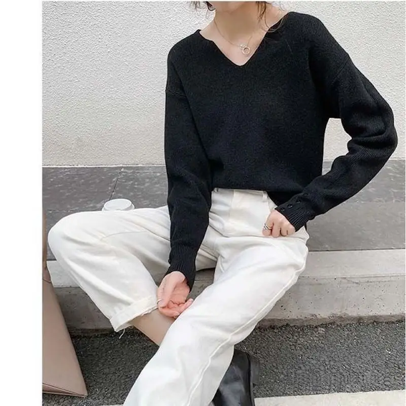 

FAKUNTN Autumn And Winter Women V-neck Knitted Sweater Korean Loose Pullover Solid Thick Sweater Casual Slim Long Sleeve Sweater