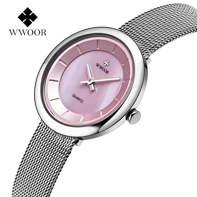 

Ladies Watch Women Fashion Watches WWOOR Top Brand Luxury Casual Dress Pink Wristwatch Bracelets For Women Mesh Band Reloj Mujer