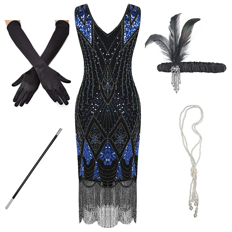 Blue set B(NEW) 1920s Flapper платье Great Gatsby вечерние платья с блестками и бахромой - Цвет: Blue set B(NEW)