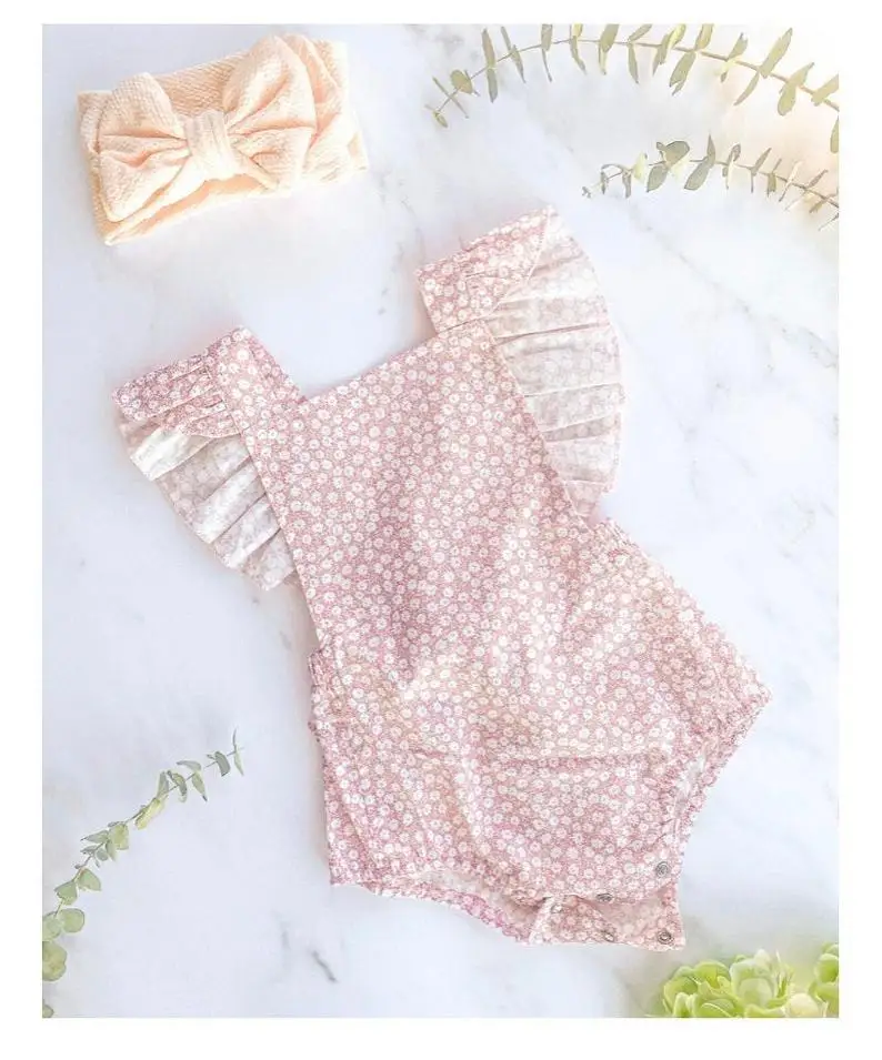 

Newborn Summer Floral Romper, Baby Girl Daisy Print Fly Sleeve Square Collar Playsuit