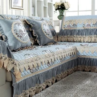 european luxury cotton linen sofa cover light blue embroidered jacquard sofa towel cushion slipcover exquisite lace sofa set a1