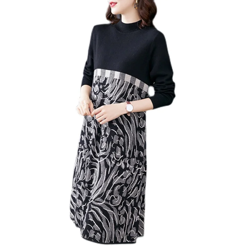 

COIGARSAM Women Dress Winter 2021 Office Lady Korea Style Knitting Long Sleeve Patchwork Loose O-Neck Dresses Traf Robe Vestidos