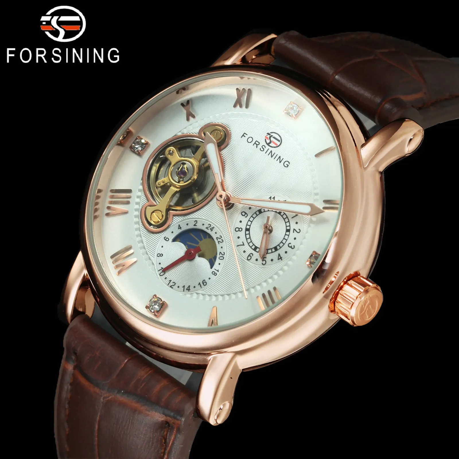 FORSINING мужские часы Топ бренд класса люкс Авто Механический коричневый ремешок из