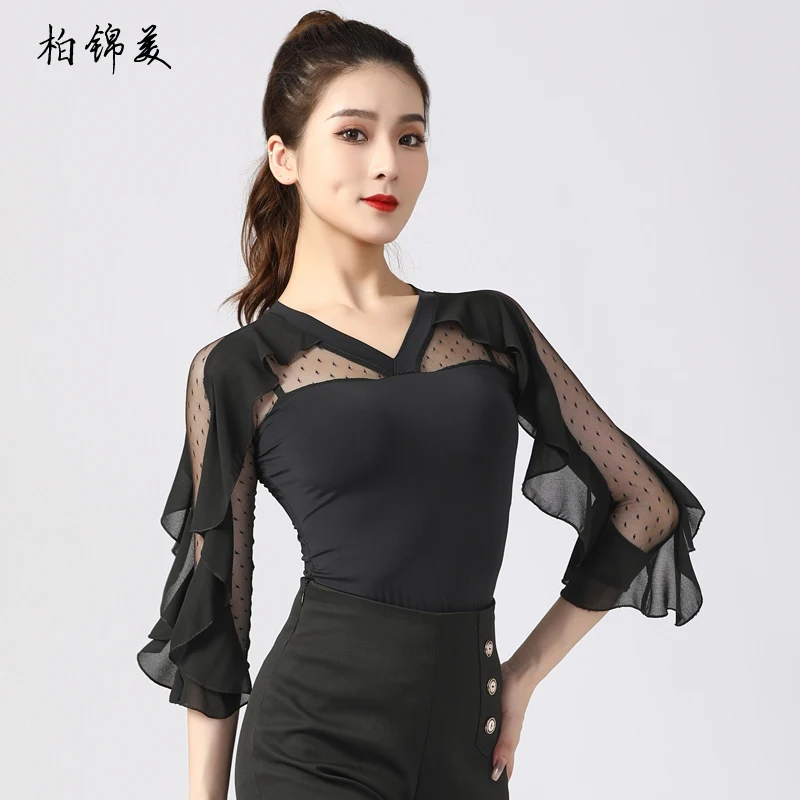 Одежда для латиноамериканских танцев рубашка взрослых с оборками рукава три