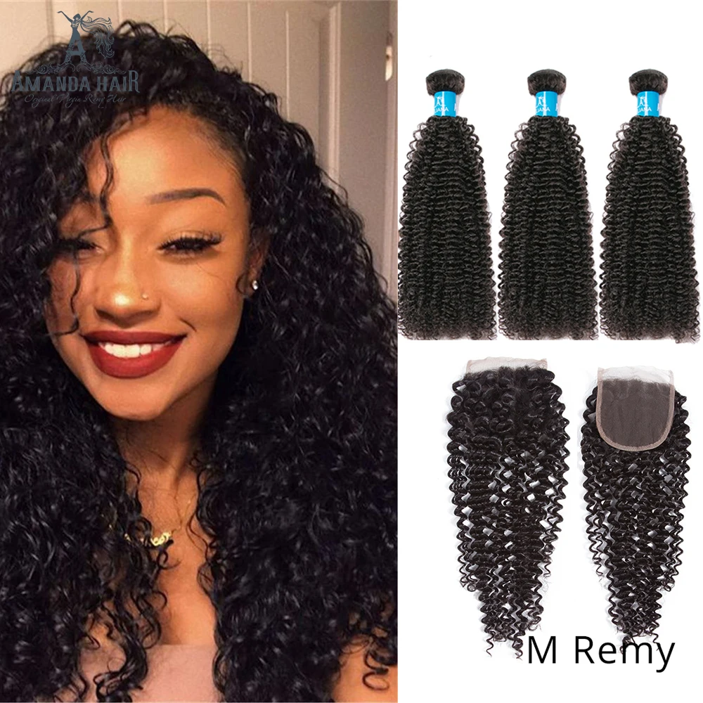 Аманда 3 пряди бразильские кудрявые волосы remy с закрытием 130% плотность натуральный цвет человеческие волосы плетение с закрытием