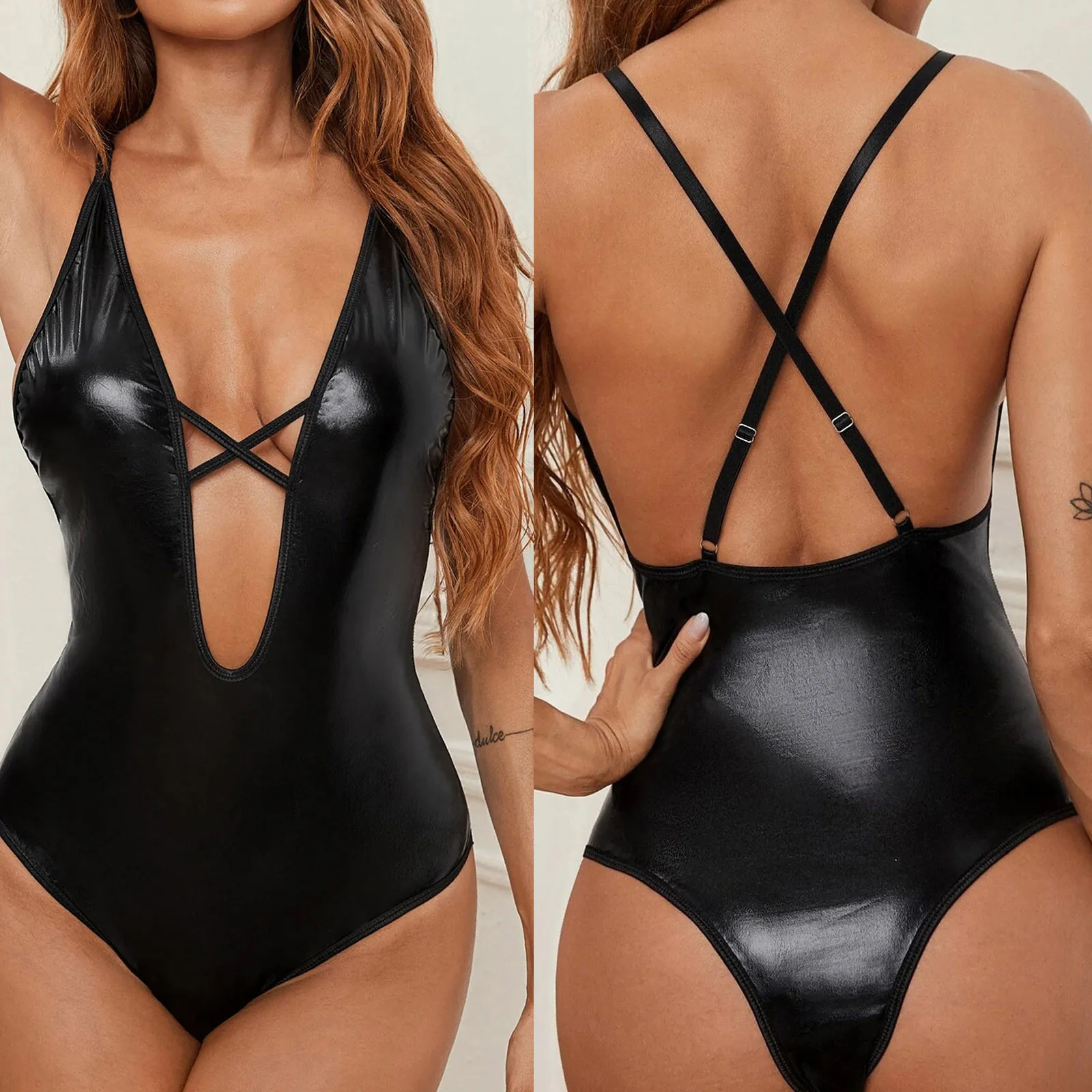 

Porno Bodysuit Women Charming Black Patent Leather Sexy One-piece Erotic Costumes Sleepwear Sexy Lingerie Temptation Body Femme