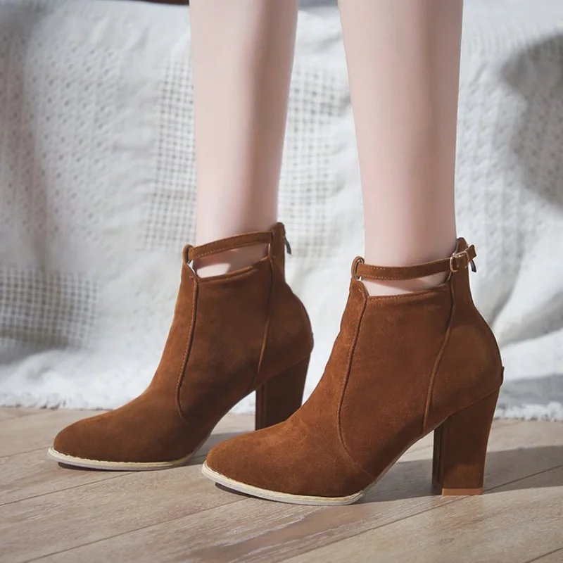 

Autumn and Winter Boots New pointed thick heel Martin boots women's high heel women's boots belt buckle back zipper naked boots