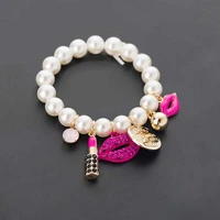 new chain pearls bracelets rhinestone red lips lipstick pearl jewelry pulseiras bracelet ladies accessories