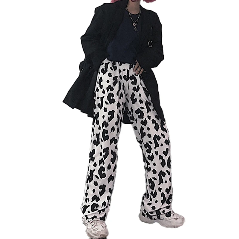 

Fashion Casual Loose Print Pants 2021 New Spring Women's Milk Cow Print Wide Leg Pants Women Elastic High Waist Trousers Pants