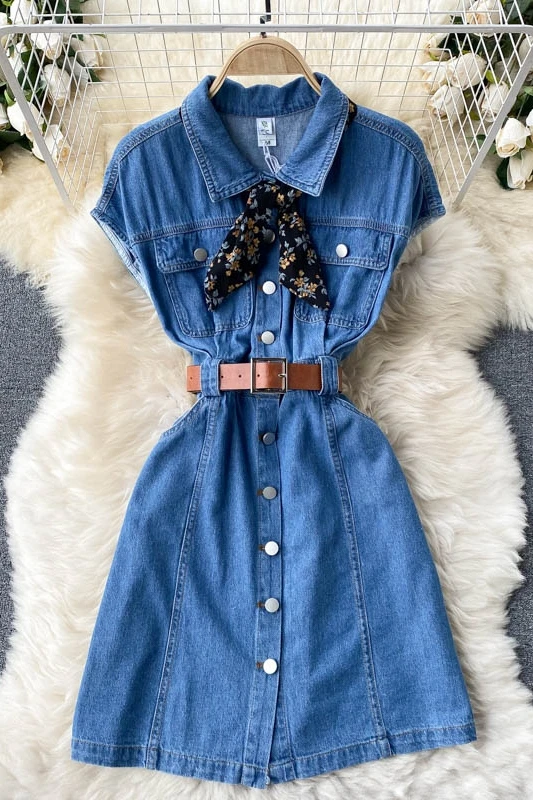

retro denim dress 2021 new spring summer women's wear age reducing college style short skirt with silk scarf short prom dress