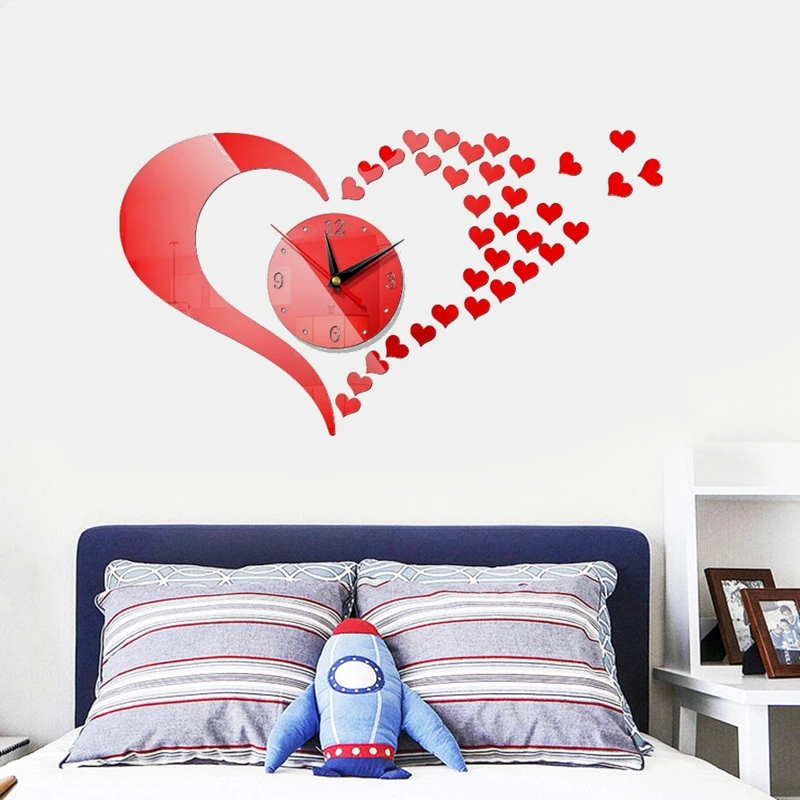 

Cheap 3D Wall Clock Silent Digital Clock Diy Mirror Effect Heart-shaped Wall Stickers Simple Style Still Life Home Decoration