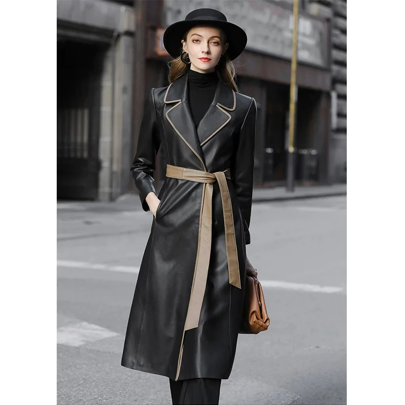 Women's Real Leather Slim Long Spring Sheepskin Coat Black High Quality Jacket with Belt High End Temperament New Windbreaker