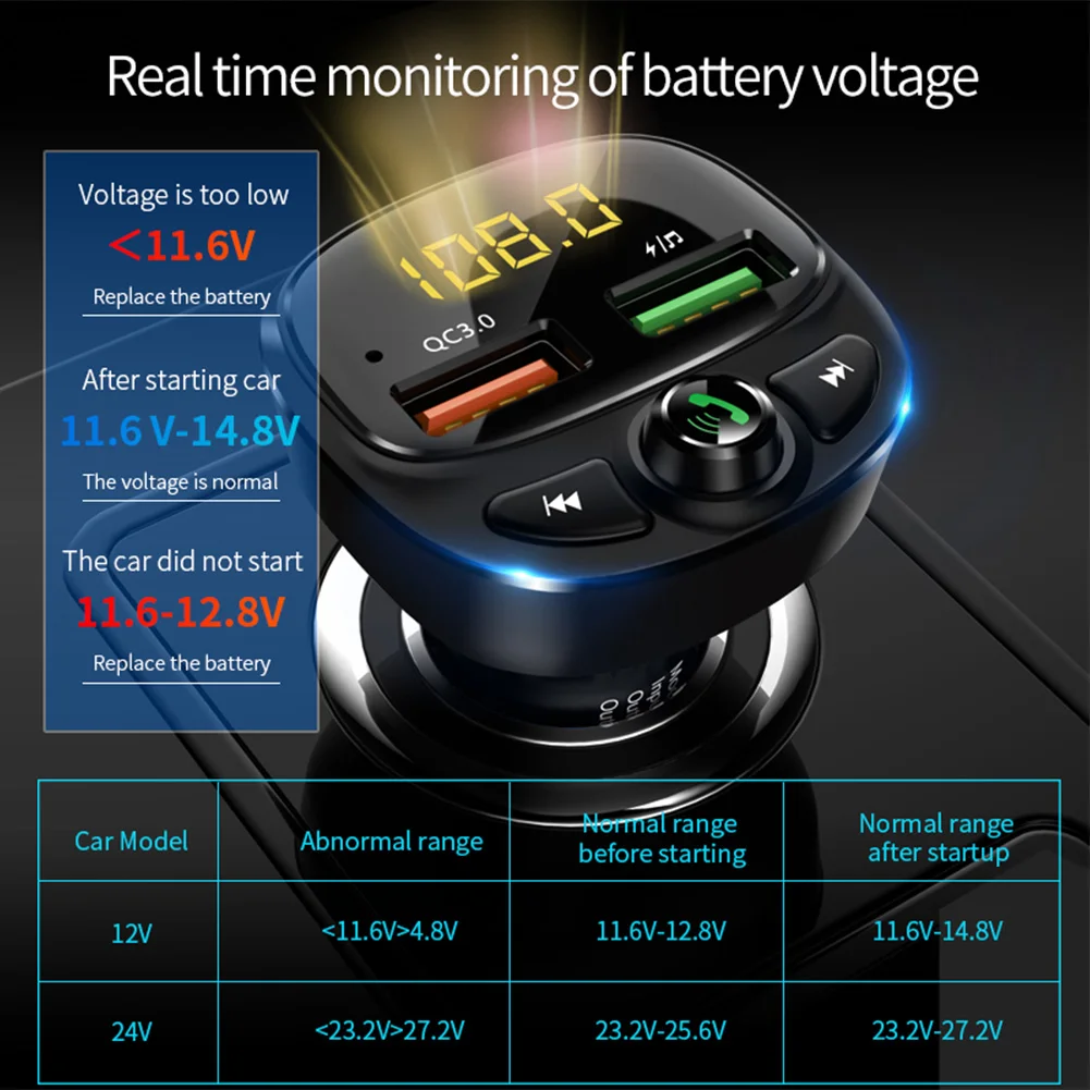 

Car Bluetooth5.0 Wireless FM Transmitter MP3 Player Audio Receiver Dual QC3.0 USB Fast Charging With Mic USB/TF Supported