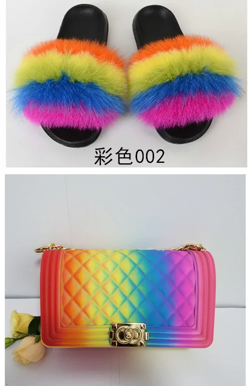 

Fluffy Women Fur Slippers Set-Handbag Furry Real Fox Fur Slides Shoes Rainbow Colorful Jelly Shoulder Bag Candy Crossbody Purse