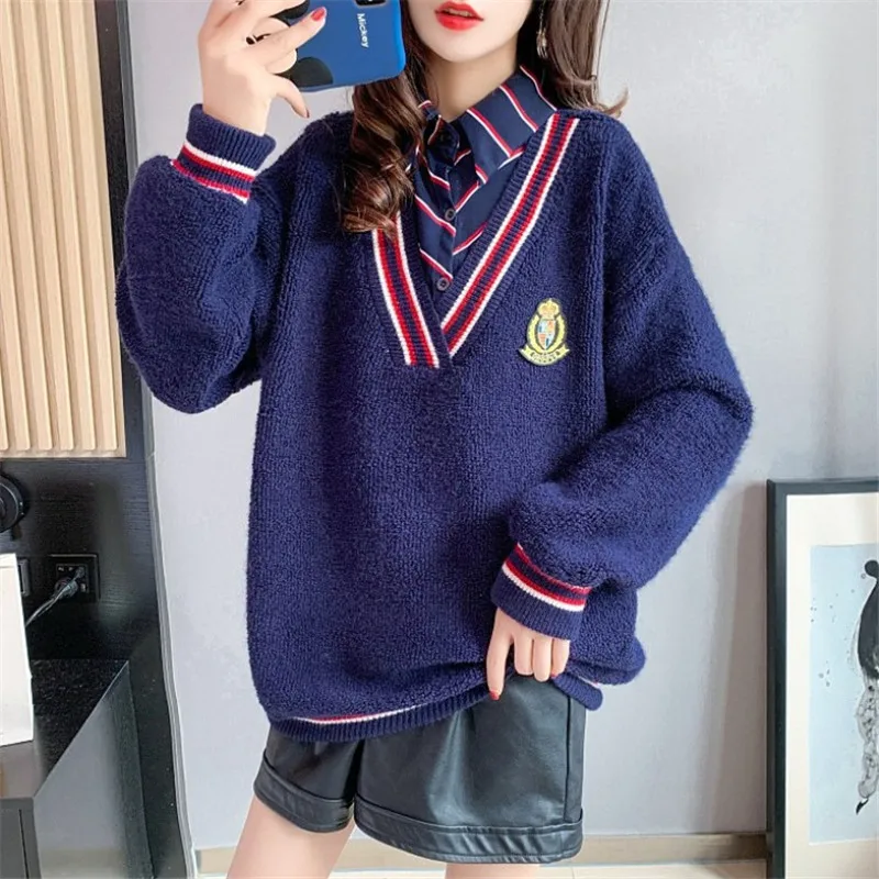 

College Style Thickening Fashion All Match Sweater Women's Pullover Lazy Knit Top 2020Autumn And Winter New Outer Wear TrendC265