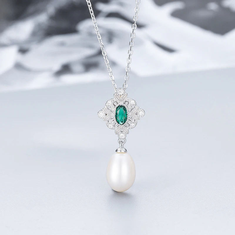 

MADALENA SARARA Sterling Silver S925 9-10mm Freshwater Pearl Pendant Women Necklace Cubic Zirconia Vintage Royal Chain Necklace