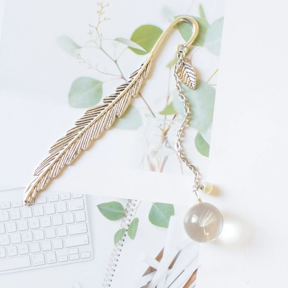 1Pc Flower Specimens Crystal Pendant Ball Bookmarks Feather shape Metal Tassel Vintage Book Mark School Office Supply | Канцтовары для