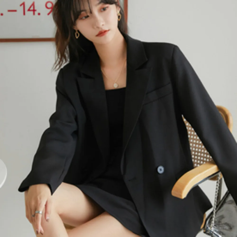 

2020 Autumn new Sweet women jacket long Simple and fashionable Ladies Office coat Black loose Suits Outwear 16Q475