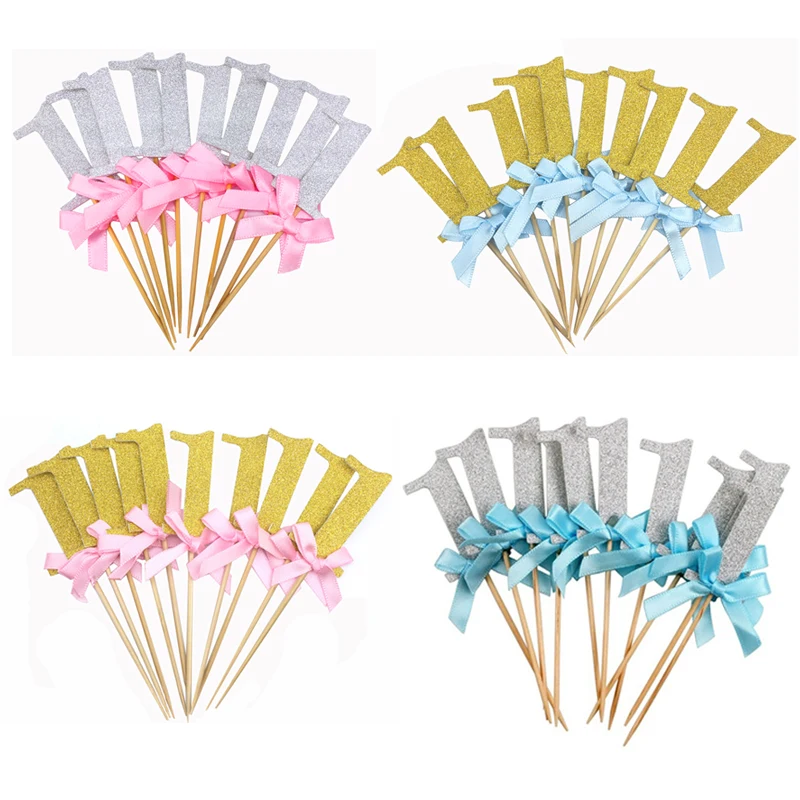 Со сверкающими золотистыми один бант для капкейка 1st торт ко дню рождения