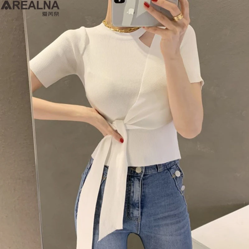 

Summer Knitted ice silk T Shirts Tops women Short Sleeve Irregular hollow Bandage Korean sexy tee shirt femme Pullovers T-shirts