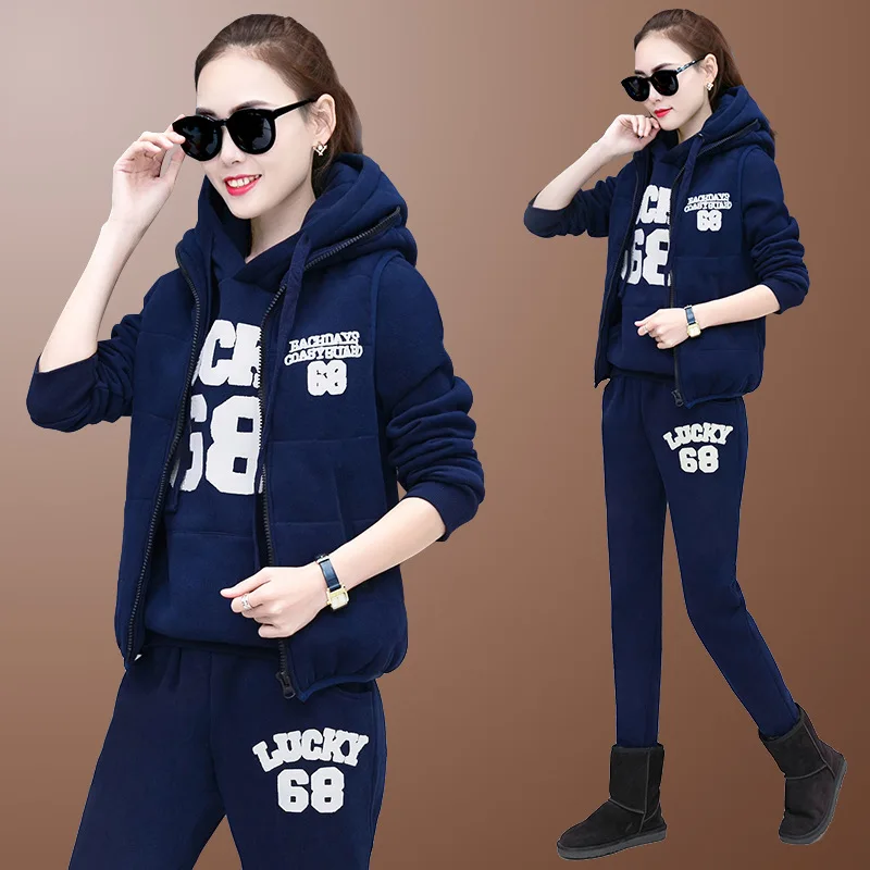68 blue Женский спортивный костюм, спортивная одежда, зимняя флисовая плотная куртка, свитер, толстовка+ жилет+ штаны, для бега, бега, отдыха, спортивный теплый костюм - Цвет: 68 blue