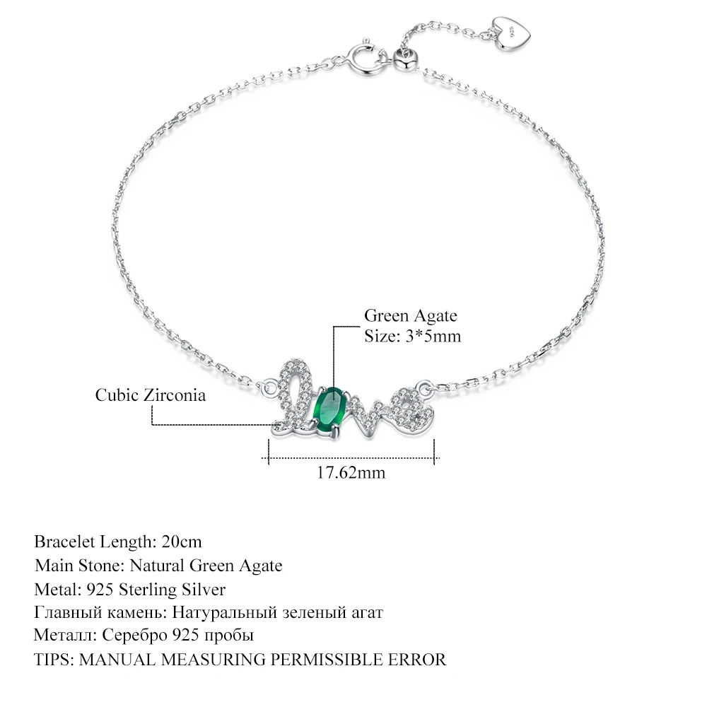 

GEM'S BALLET 925 Sterling Silver Love Letter Adjustable Bracelet Natural Green Agate Gemstone Bracelet For Women Fine Jewelry
