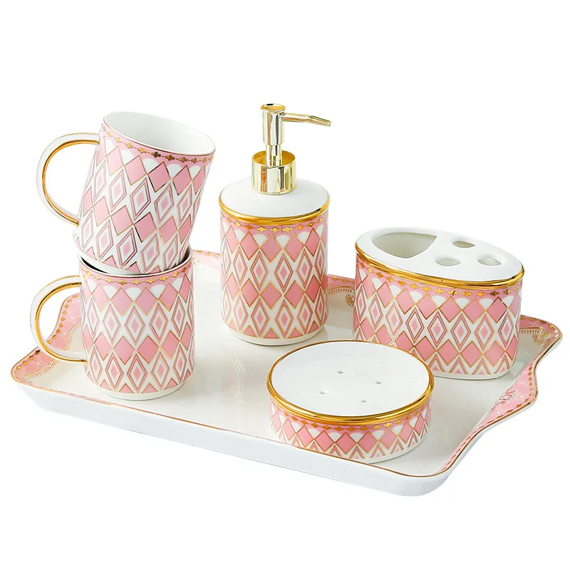 

Ceramic Bathroom Toiletries Accessories Set Soap Dispenser Toothbrush Holder & Gargle Cups Tary Lavatory Products Wedding Gifts