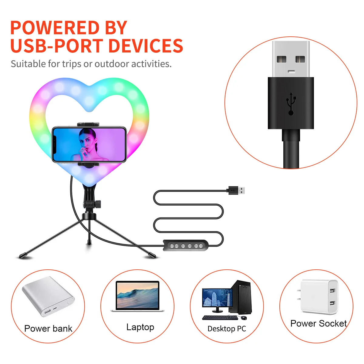 RGB LED heart-shaped ring light 10 inch with table tripod bracket kit for mobile phone selfie video dimmable makeup video live