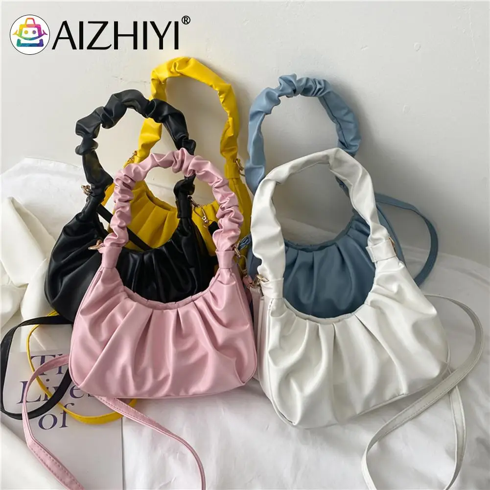 

Fashion Pure Color Bags Underarm Bag Women Small Pleated Shoulder Hobos Armpit Hasp Pleated Tote Dumpling Women Bag