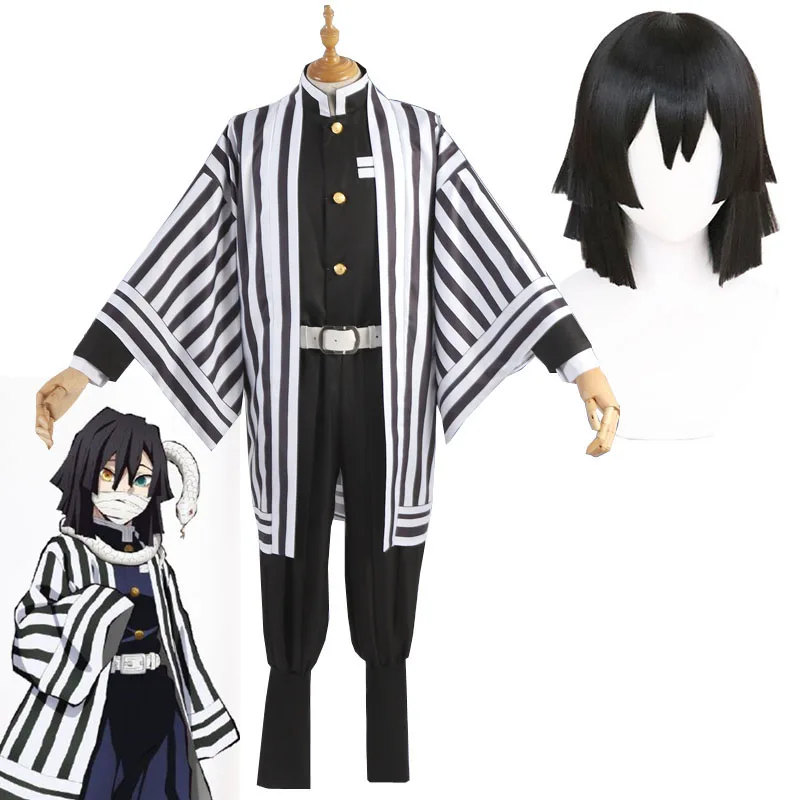

Anime Demon Slayer: Kimetsu no Yaiba Cosplay Costume Iguro Obanai Cosplay Black White Stripes Coat Full Set with White Puttee