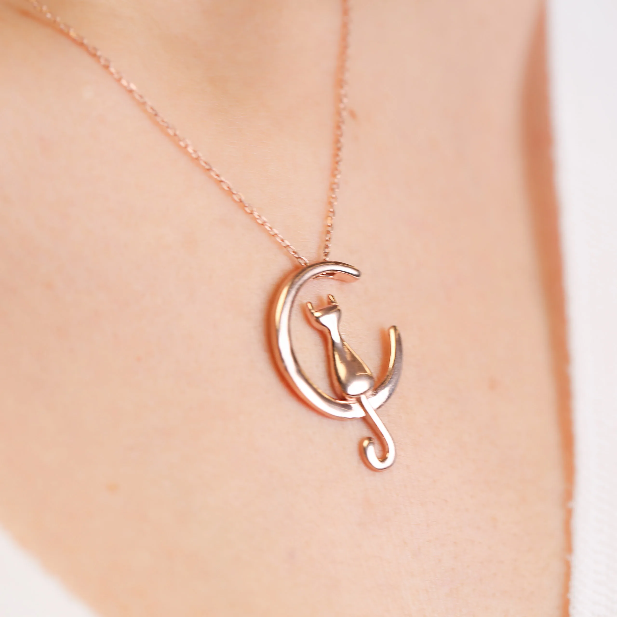 

Silver Plain Cat Charm Design Necklace Cat And Moon Necklace Turkish Handmade 925 Sterling Silver Necklace