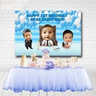 Пользовательский текст и фото босс детский тематический фон для фотостудии синие белые воздушные шары Мальчики первый день рождения