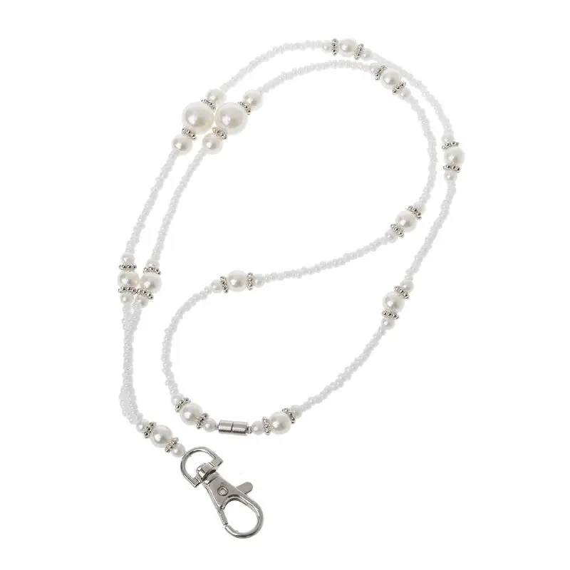

White Pearls Bead ID Badge Holder Lanyard Necklace with Magnetic Breakaway Clasp