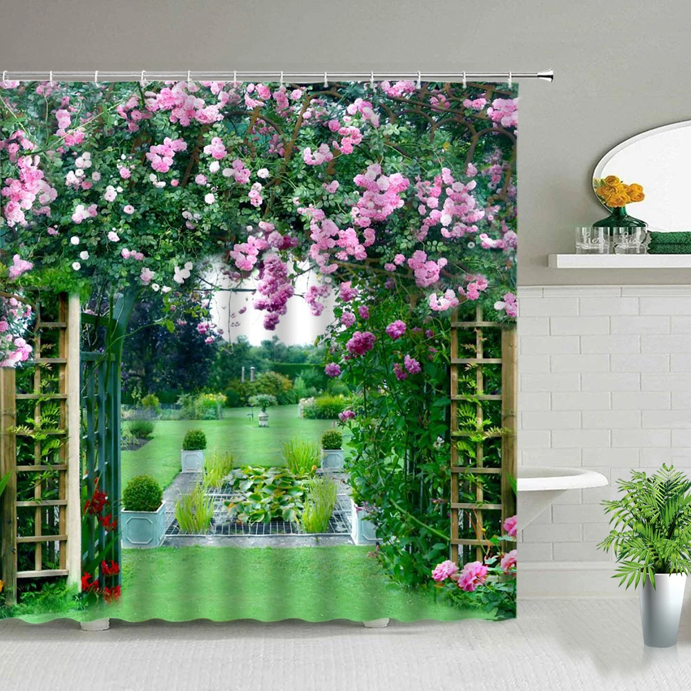 

Garden Landscape Shower Curtains Spring Flowers Forest Deer Seaside Town Oil Painting Lavender Rural Scenery Decor Bath Curtain