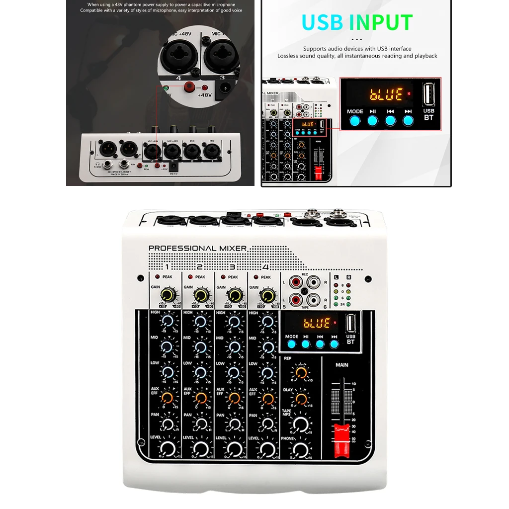 Mini Audio Mixer 6-Channel Sound Board Console Digital Powered Mixing USB Desk System Interface for DJ Studio Singing Party Home
