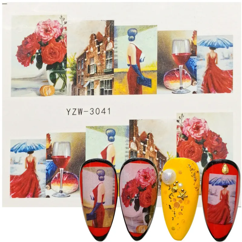 

2023 New Designs Full Wrap Nail Sticker Slider Floral Red Wine Girl Urban Lady Fashion Show Retro Style Water Transfer Decal
