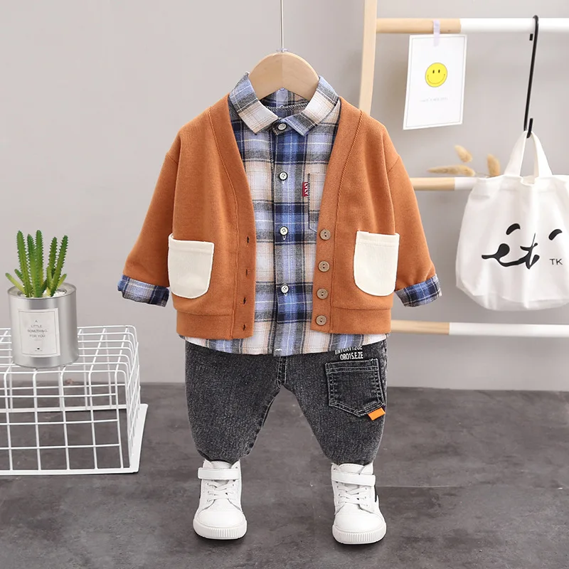

Kids Suit 2020 Autumn New Cartoon Baby Boys Cotton Knitted Vest Lattice Bottoming Shirt Trousers 3Pcs Children Clothes 0-4 Years