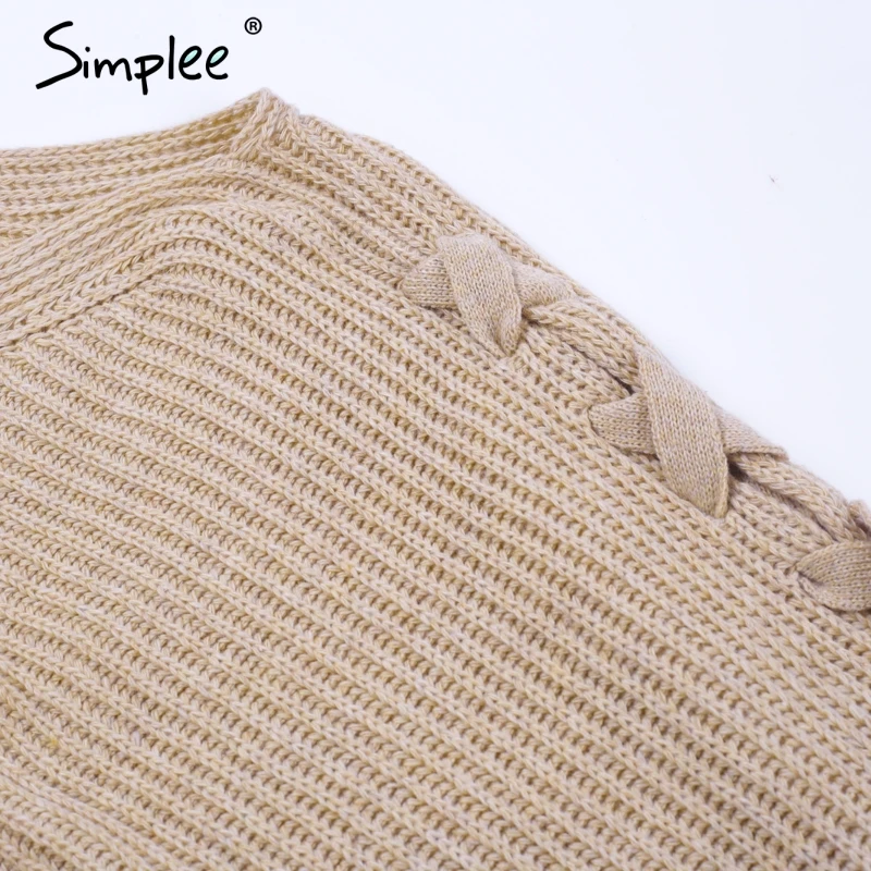 Simplee Sexy lace up winter knitted sweater pullover Women one shoulder loose jumper Autumn batwing sleeve gray | Женская одежда