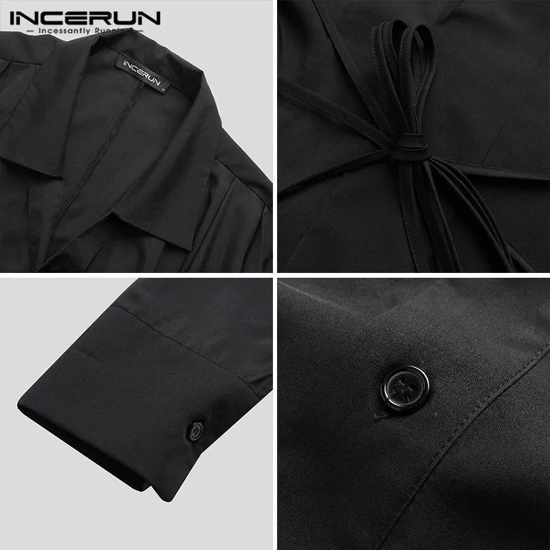 

INCERUN Fashion Men Irregular Shirt Solid Lapel Long Sleeve Button Streetwear Casual Long Shirts Lace Up Korean Style Camisas