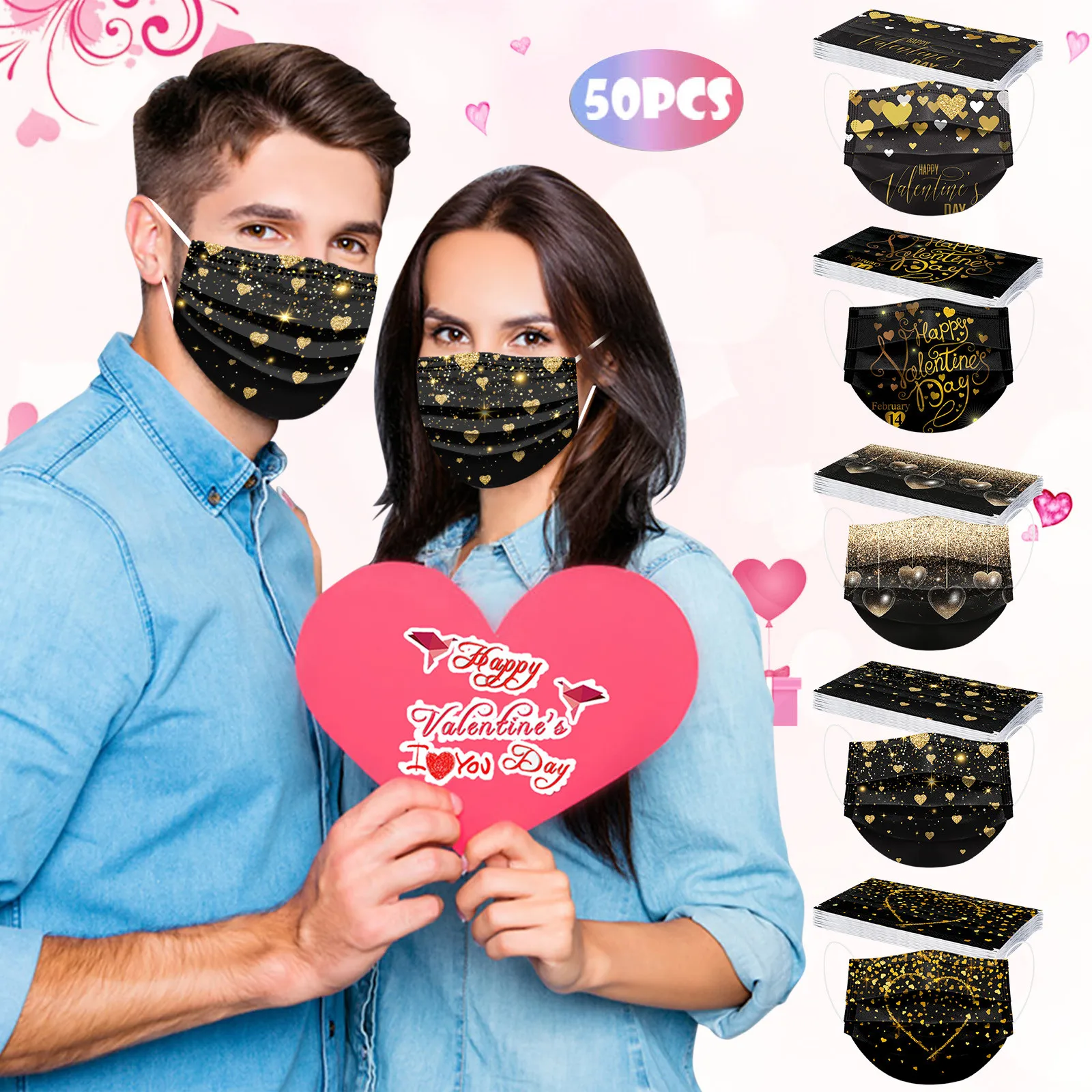 

50pcs Valentine's Day Disposable Masks Unisex Adult 3ply Protective Face Mask Dustproof Filter Pm2.5 Mask Earloop Bandage Masque