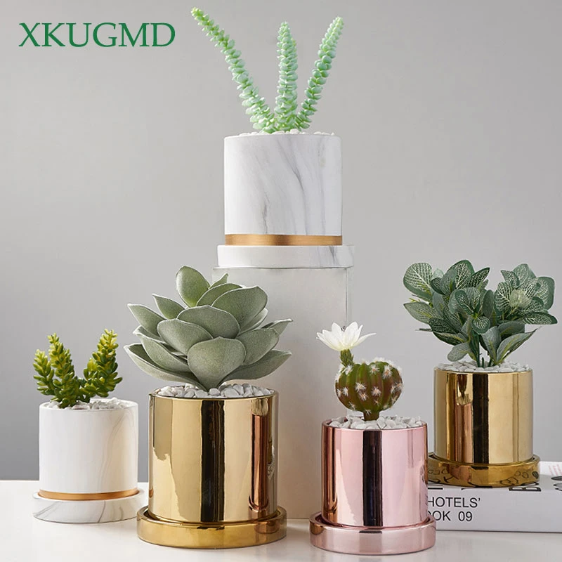 Керамический цветочный горшок с мраморным узором круглый для украшения рабочего