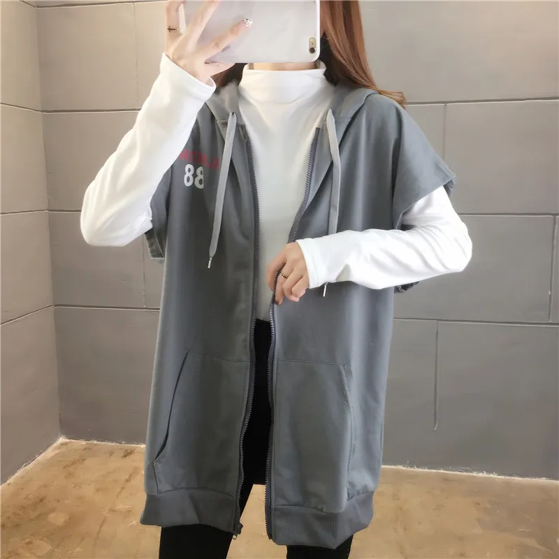 

korean fashion casual Loose Vest long sleeve T shirt sets Sleeveless jacket women All-match Female Coats Simple Leisure Outwear