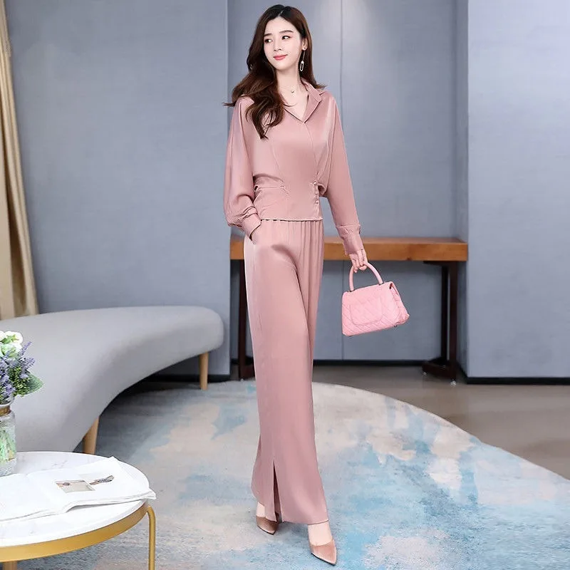 

2021 Spring Autumn New Women Fashion Profession Two Piece Set Long Sleeve Top + High Waist Wide Leg Pants Office Lady Suit Y666