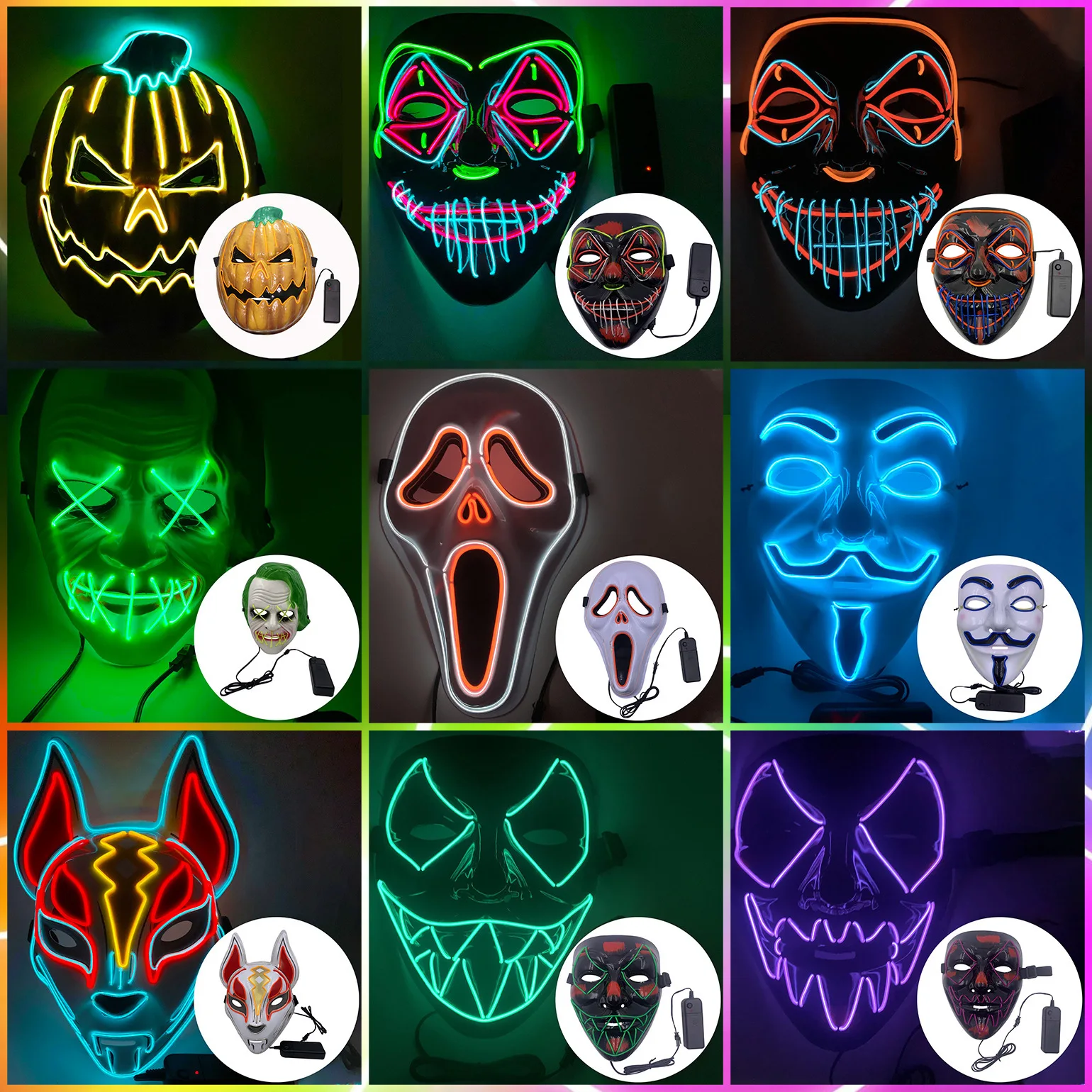 Halloween Party Masks Halloween Horror Glow LED Mask Light Glow In The Dark Mascara Horror  Cosplay Costume Masque