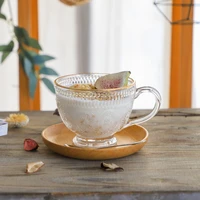 vintage embossed glass with golden rim inlaid transparent romantic sun flower pattern espresso milk breakfast teacup tableware