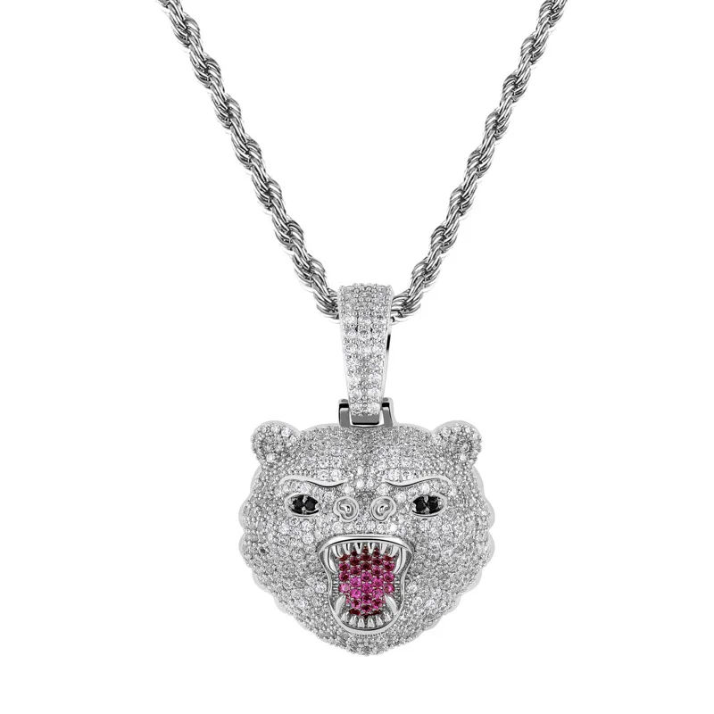 New Fashion Hip Hop Jewelry Beast Bear Animal All Iced Out Pendant Necklace 5mm Tennis Chain Gold Silver Men Rock Jewelry Gift - Окраска металла: Silver-Twist chain